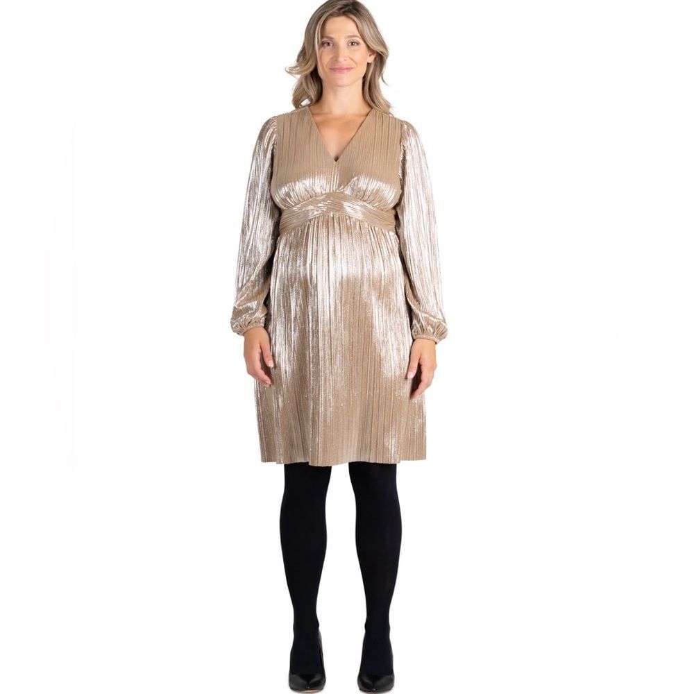 Destination Maternity Women’s Long Sleeve Metallic Glossy Pleated Dress Size L
